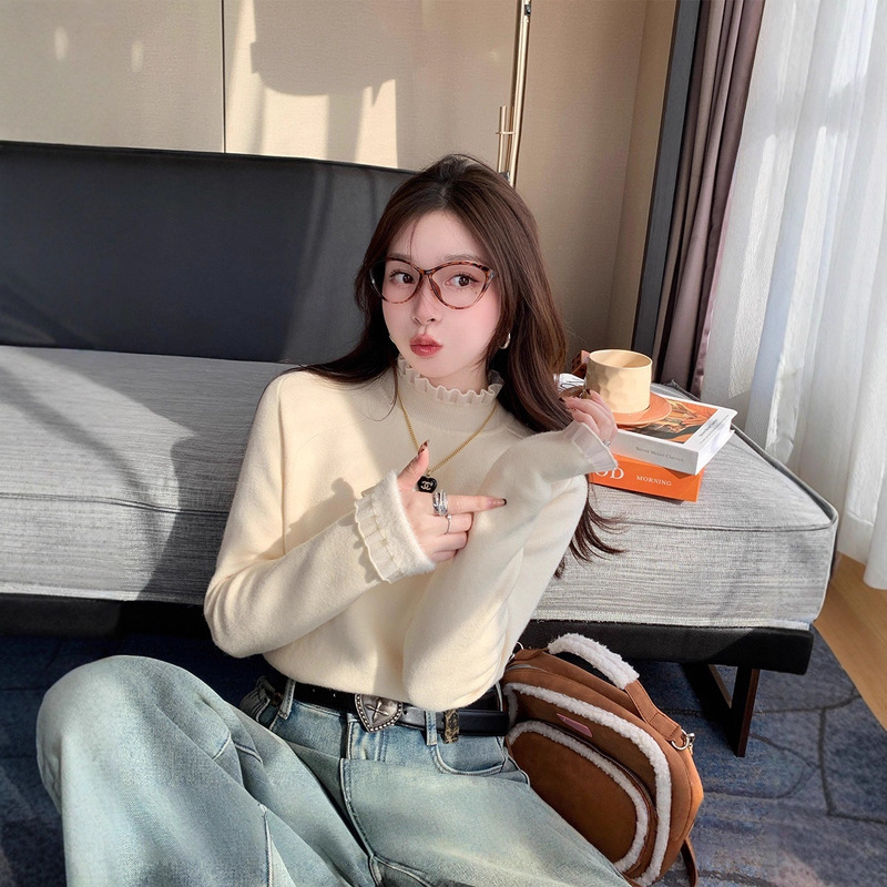 Fleece-Lined Base Shirt for Women, Autumn and Winter Sweater, Can Be Worn Outside, 2025 New High-Neck Lace Knit Top