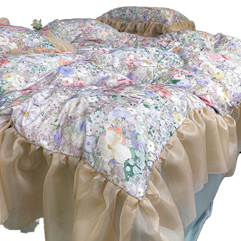 Nordic French Vintage Boho French-style Oil Painting Vintage Washed Cotton Four-piece Set, Fairy-like, Beautiful Romantic Duvet Cover, Bed Sheet,_voghion.com