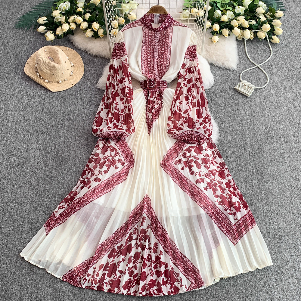 Retro Printed Dress With Stand Collar And Lantern Sleeves_voghion.com