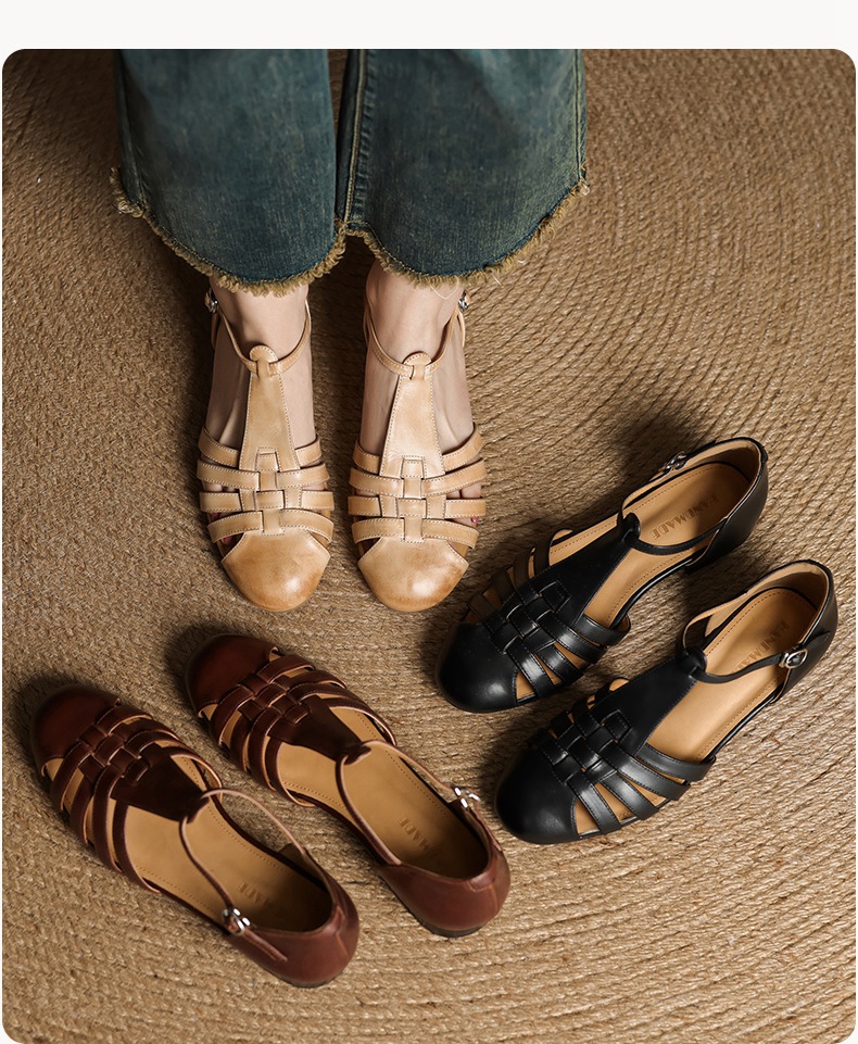 Sandal nữ mũi nhọn da bò quai chữ T gót thấp phong cách La Mã — nâu chi tiết 1