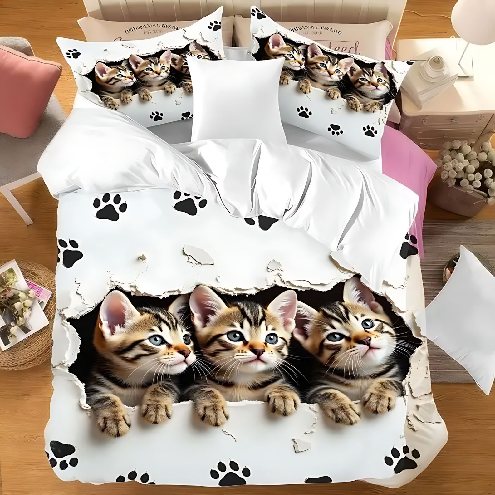 TEMU / JIT negro y blanco gatito impresión digital transfronteriza nuevo producto de pelo abrasivo colcha de cama