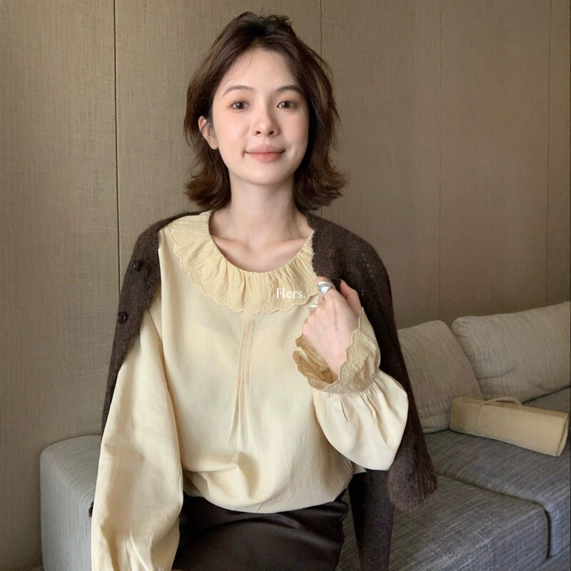 hers Sweet Autumn Korean Style Jacquard Patchwork Ruffled Doll Collar Long Sleeve Blouse for Women 66709 hers Sweet Autumn Korean Style Jacquard Patchwork Ruffled Doll Collar Long Sleeve Blouse for Women 66709