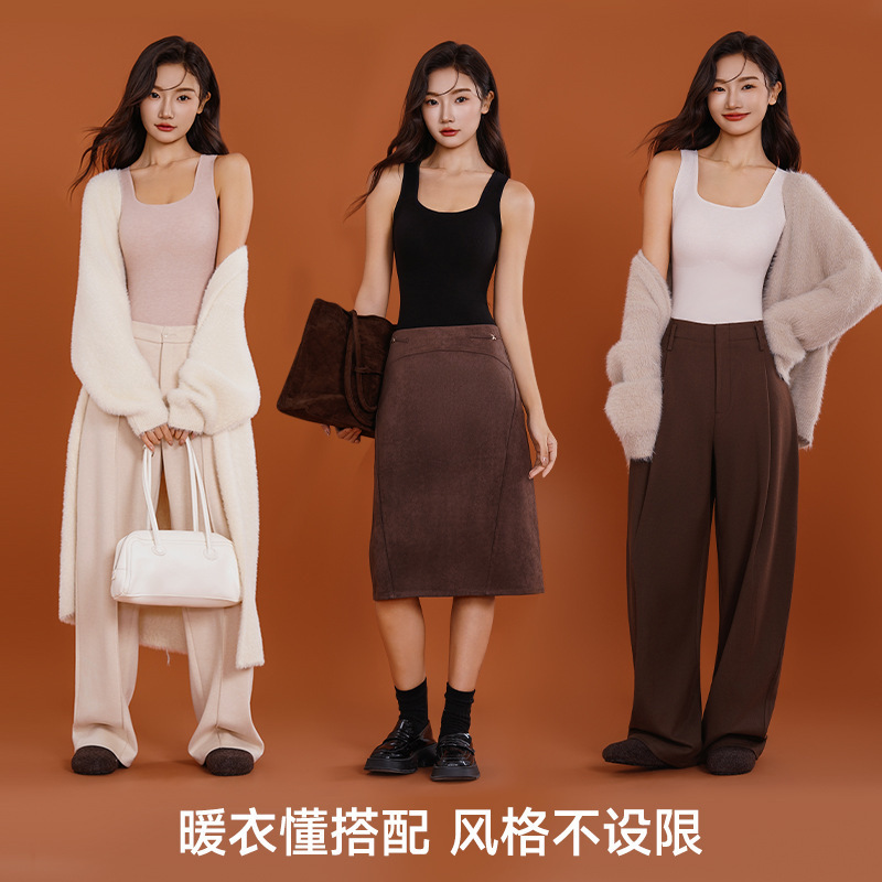 Women's Autumn and Winter Thermal Vest with Chest Pad, Camellia Oil Merino Wool Cashmere Inner Top, Brushed Base Layer