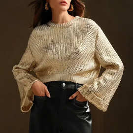 跨境欧美女装春季新款欧美风中长款金属圆领套头毛衣