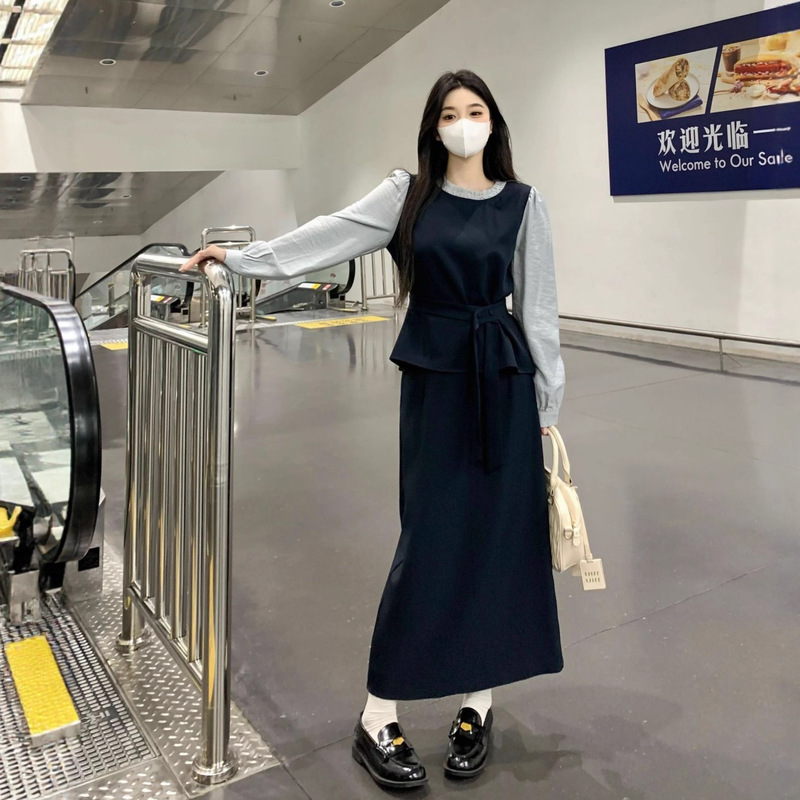 大码设计感撞色新中式套装裙子秋冬胖mm休闲通勤上衣半身裙两件套|undefined