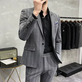 西装套装男2024新款英伦风条纹西服套装结婚新郎礼服西装两件套男