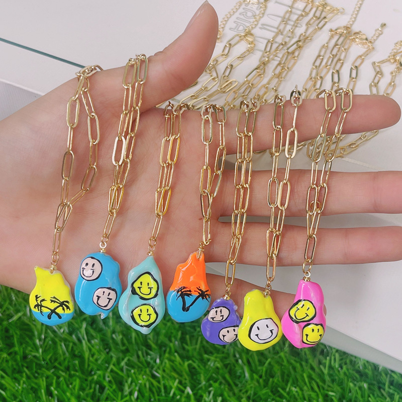 Fashion Irregular Smiley Face Imitation Pearl Copper Necklace Gold Plated Copper Necklaces