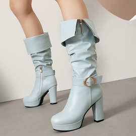 26亚马逊速卖通秋冬新款皮靴长靴女显瘦粗跟高筒靴时尚拉链骑士靴