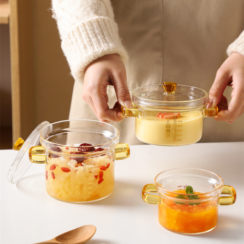 Hogar nido de pájaro guiso tazón de vidrio transparente de borosilicato tazón de huevo al vapor bebé sopa de huevo de doble oreja con tapa tazón de bebé