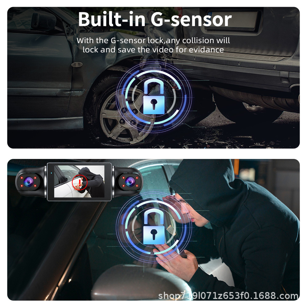 Four-channel dashcam, 1080P high-definition, panoramic night vision, built-in WiFi for smartphone connectivity, parking monitoring, and G-sensor