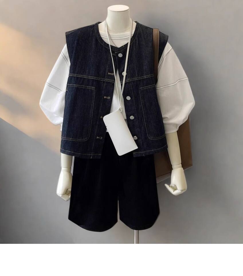 Áo vest denim nữ không tay phối lớp phong cách retro, dáng ôm, dài 50–65 cm — màu xanh đậm chi tiết 4