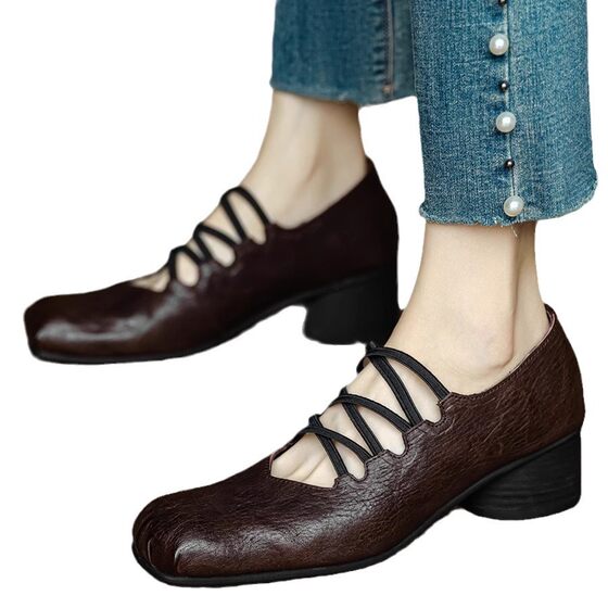 Cowhide Edition ~ Handmade Genuine Leather Maillard Style Pig Nose Medium Thick Heel Mary Jane Shoes Women's Cross Belt Vintage Single Shoes