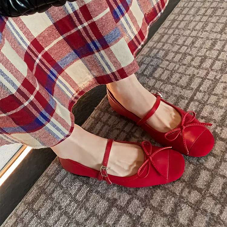 戈森法式玛丽珍鞋软底小羊皮蝴蝶结浅口单鞋女2024新款小皮鞋