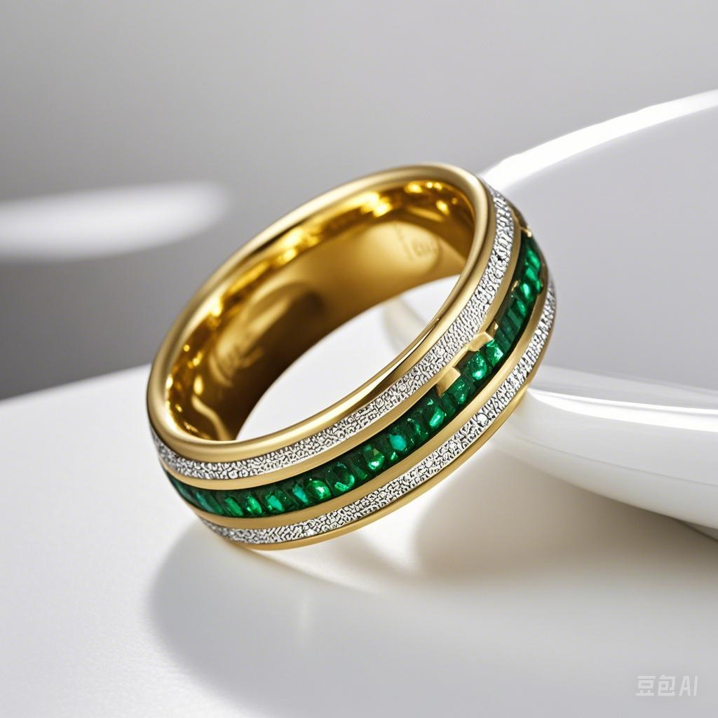 Simple New Style Men's Stainless Steel Wedding Ring with Green Artificial Jade Inlay, 8mm Spherical Gold Silk with Green Accents