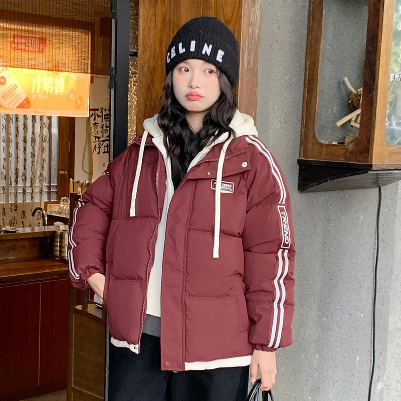 Europa y los Estados Unidos falsifican dos piezas de ropa de algodón con capuchón pareja para mujeres otoño y invierno nuevo comercio exterior moda calentamiento rayas chaqueta de algodón casual para mujeres image 3