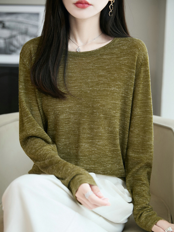 彩麻系列亚麻混纺点纱针织圆领简约套头长袖针织衫早秋薄毛衣女|undefined