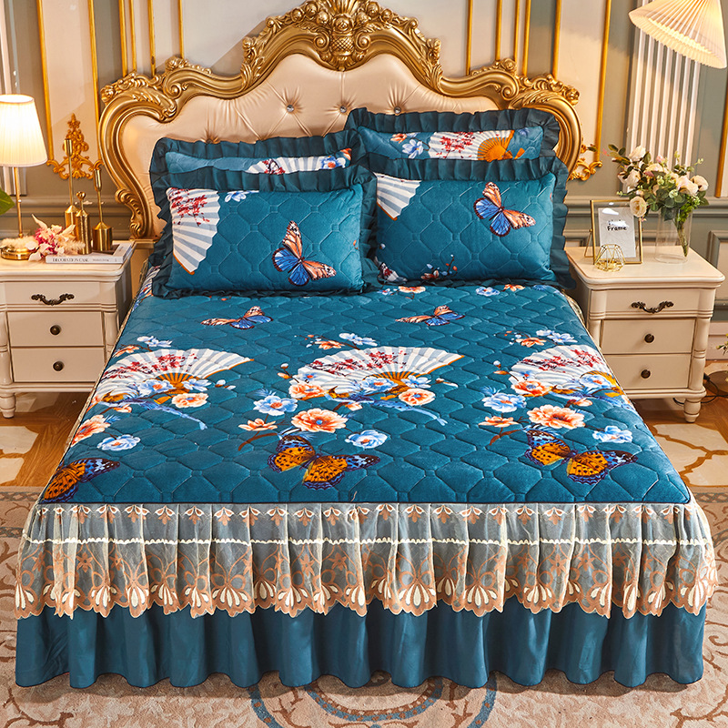 Falda de cama de terciopelo de cristal acolchado de encaje de princesa de estilo europeo, funda de cama de terciopelo de leche cálida gruesa de una sola pieza, funda de cama, falda 1.8m