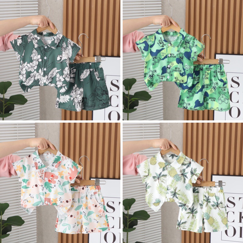 Boys' Summer Shirt suit Children's Summer Clothes Children's Fashionable New-style Handsome Hawaiian Style Beach Clothes Street-blowing Fashion