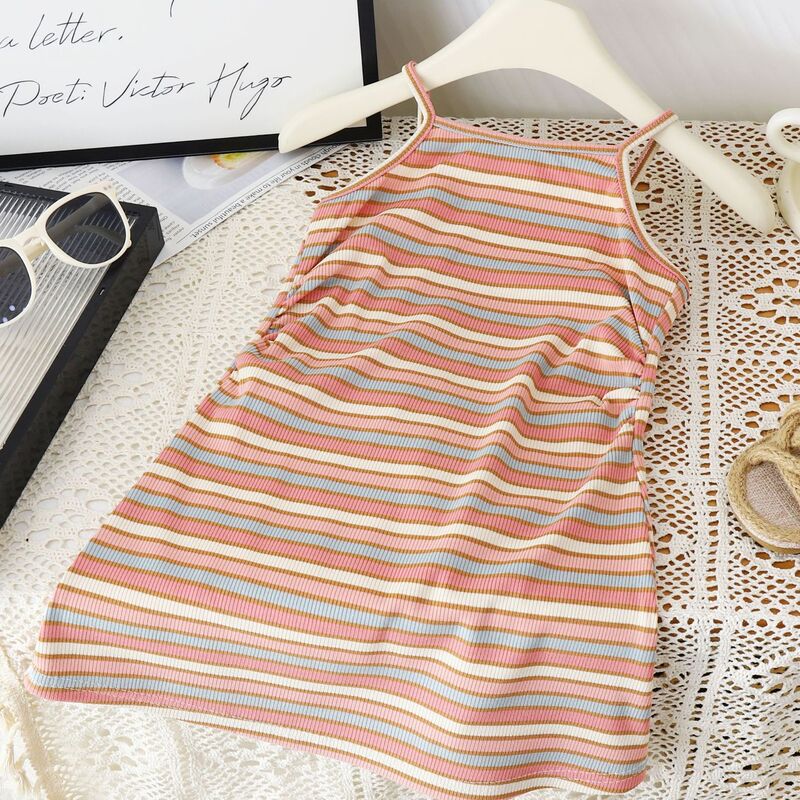 2025 New Children's Slip Skirt Striped Summer Striped dress Girls Slim Rainbow Vest Small Skirt