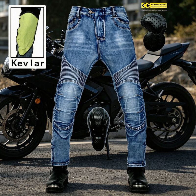 Motorcycle Jeans for Men, Retro Elastic Anti-Fall Riding Pants, Kevlar Motorcycle Anti-Tear, Second-Generation Protective Gear