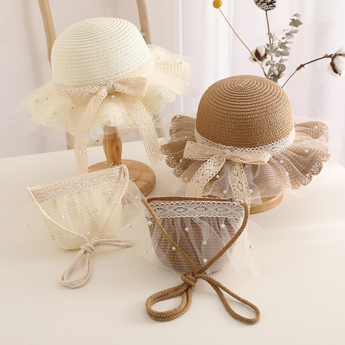 Children's Spring and Summer Straw Hat Sunproof Hat Summer Princess Hat Bag Set Beach Hat Sun Hat Girls