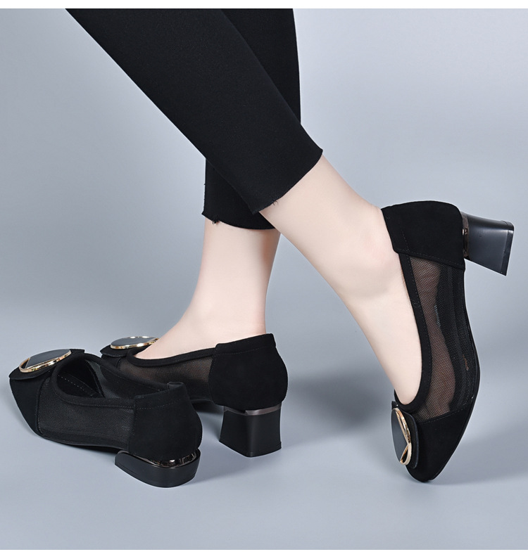 Sandal nữ quai chữ V đế mềm gót thấp 2.5 cm, chất liệu da thật lưới thoáng khí — Gót đen cao 2.5 cm chi tiết 14