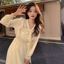 早春秋冬旅游新款法式蝴蝶结碎花裙长袖雪纺连衣裙过膝茶歇裙子女
