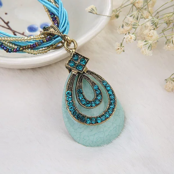 Cross-border Explosions Retro Ethnic Style Necklace European and American Fashion Bohemian Style Drop-shaped Woolen Chain Rice Bead Pendant