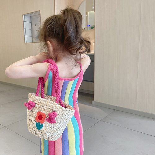 夏季新款儿童单肩包宝宝手工编织菜篮子手提包时尚女孩外出斜挎包