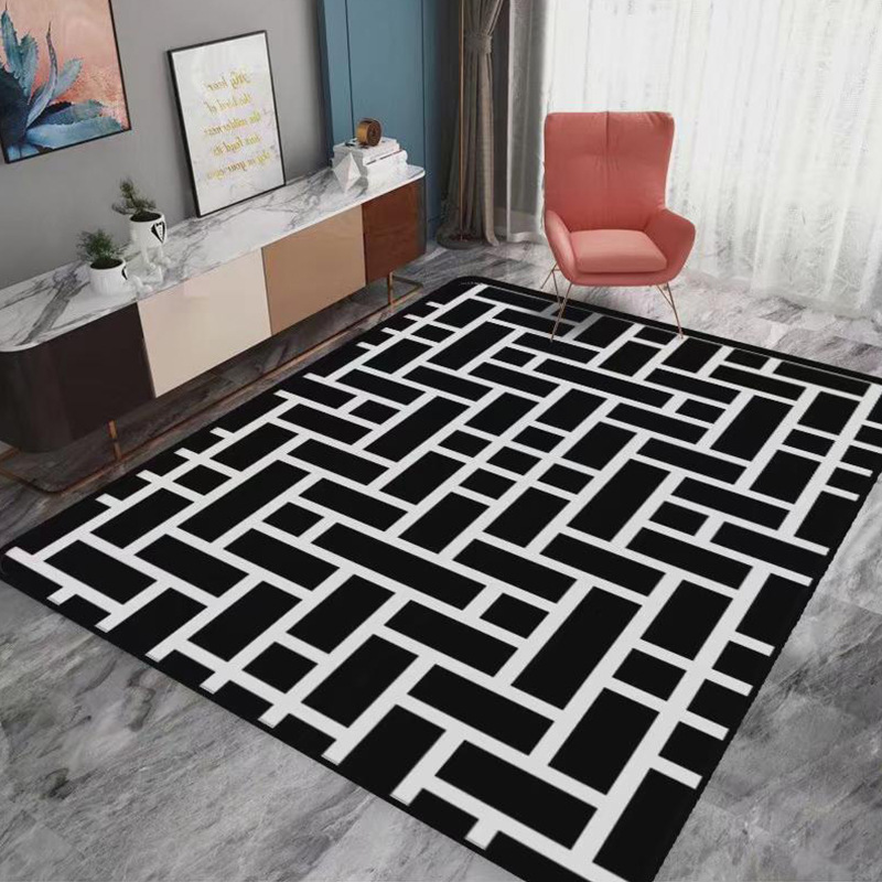 批发抽象几何客厅沙发茶几地垫 黑色格子INS风卧室房间家用地毯