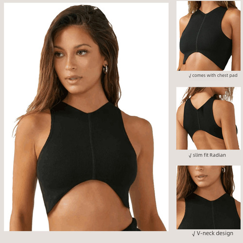 Women's Short-Sleeve Bodycon V-Neck Yoga Tank Top for Running and Fitness - Arcuate Straps with Bra Cup