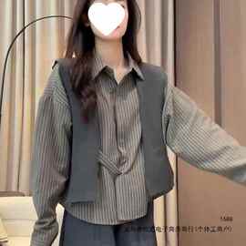 灰色条纹长袖衬衫女士胖mm大码2026春秋季新款韩系慵懒风披肩上衣