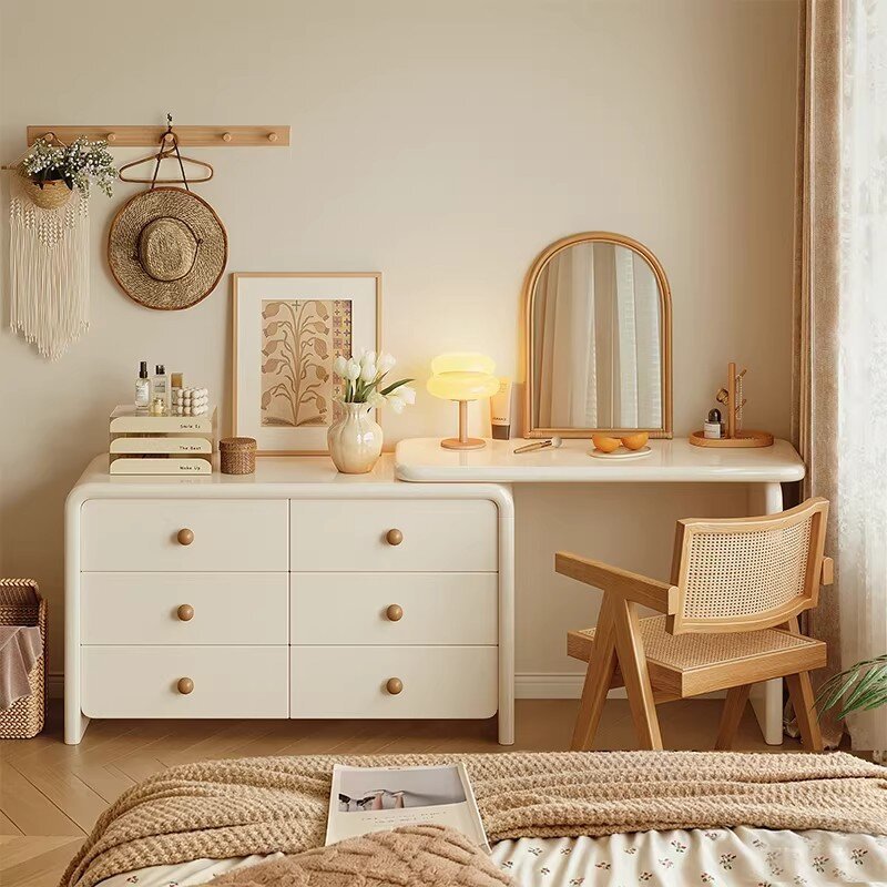 Queso de madera maciza mesa de tocador armario todo en una mesa de maquillaje de viento crema dormitorio moderno simple 2025 nuevo gabinete de cama