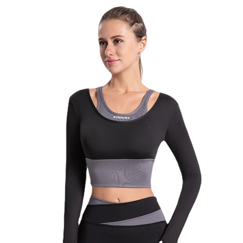 Yoga clothes for women with chest pads, fake two-piece new autumn and winter running training quick-drying long-sleeved sports tops fitness clothes