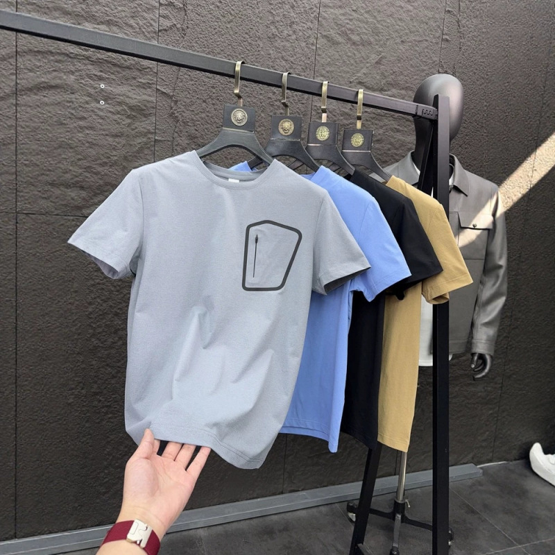Stylish and Attractive + Rubberized Pockets Summer Round-Neck Solid Color Cool-Touch Quick-Dry Sports Casual Short-Sleeve T-Shirt for Men