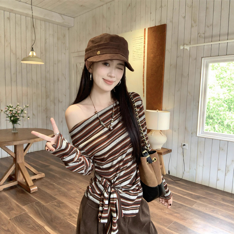 德绒斜肩条纹长袖T恤女2025秋季新款绑带设计感收腰显瘦上衣ins潮|undefined
