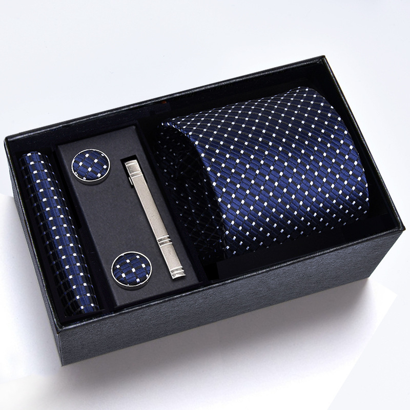 Gift Box] Men's Tie Five-Piece Suit Logo Formal Business 8cm Stripesd Black Wedding Groom