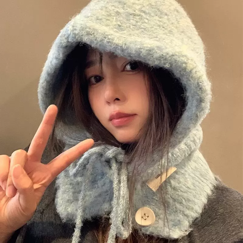 蓝色巴拉克拉法帽女秋冬帽子围脖一体抽绳混纺针织保暖护耳包头帽