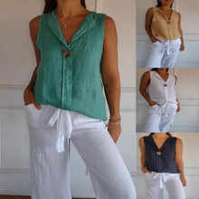 2025夏季跨境独立站新品欧美女装纯色V领棉麻一粒扣无袖休闲衬衫