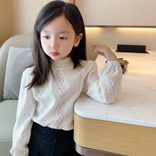 女童长袖t恤2025新款春秋中小童花边领白色打底衫镂空上衣
