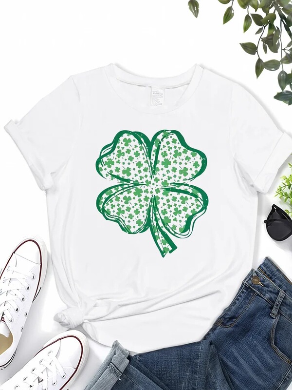 St. Patrick's Day Four-Leaf Clover Print T-Shirt - Women's Casual Crew Neck Short-Sleeved Top Spring and Summer