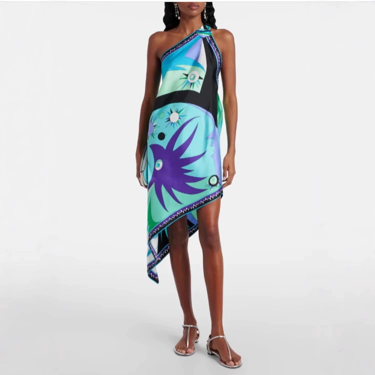 Независимая станция 2025: новое летнее европейское и американское сексуальное платье с открытой спиной и принтом из атласа для женщин, пляжное платье для отпуска.