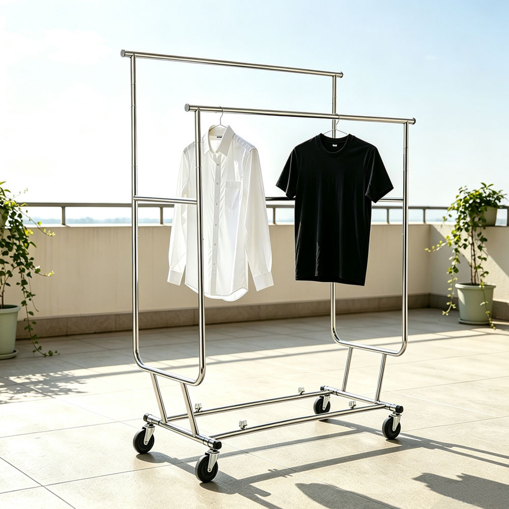 Tendedero de ropa móvil de doble barra, plegable y de altura ajustable, con ruedas, para suministro directo transfronterizo.
