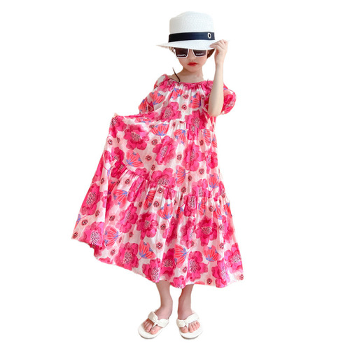 Girls Dress Summer Thin Cotton Skirt Children's Casual Princess Dress Cute Flower Puff Sleeve Long Skirt