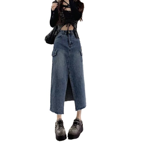 Slit denim skirt women's new hip-covering retro Hong Kong style A-line mid-length small butt-covering long skirt