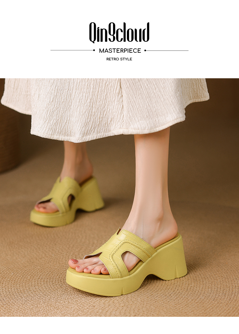 Dép sandal nữ quai chữ V đế xuồng cao 8 cm, mũi hở, đế dày êm chân — Trắng kem-, màu vàng chi tiết 2