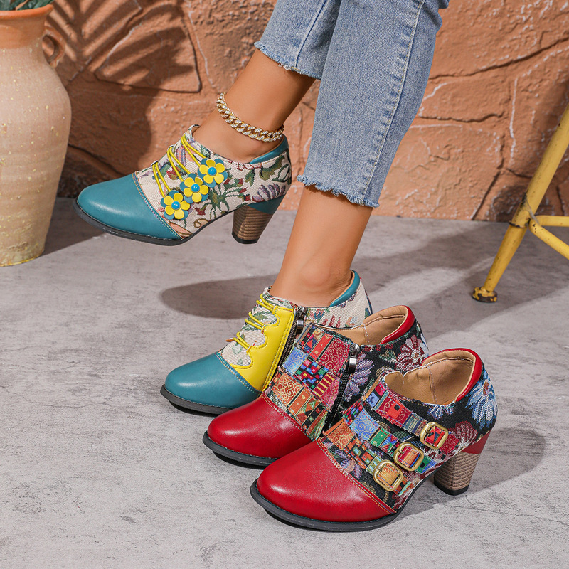 Export Palace Retro Style Handmade Comfortable Mid-Heeled Women's Boots Retro Ethnic Style Women's Boots