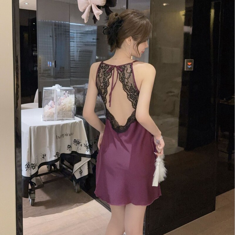 2025 Summer New Solid Color Lace Backless Pajamas Women's Ice Silk Nightgown Sling Nightgown with Chest Pad Home Clothes