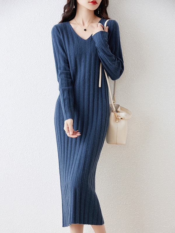 Over-the-knee autumn and winter women's bottoming knitted dress collar autumn and winter v slimming 23 dress 100 sweater pure wool slim fit Over-the-knee autumn and winter women's bottoming knitted dress collar autumn and winter v slimming 23 dress 100 sweater pure wool slim fit