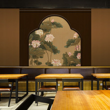 3d立体中式墙纸复古风背景墙饭店餐馆荷花装饰屏风造型壁画布壁纸